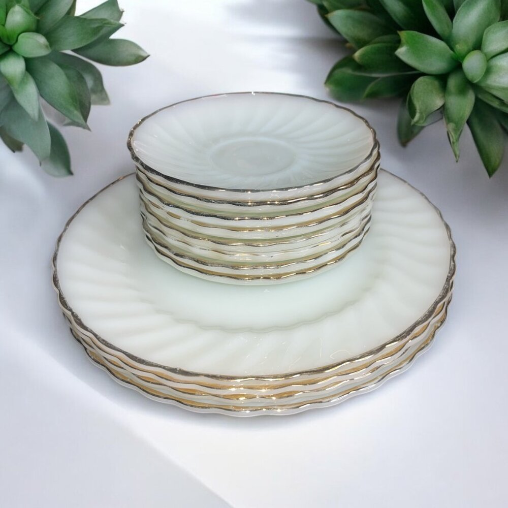 Vintage Anchor Hocking Fire King Gold Rim Milk Glass Swirl Plate Set of 12